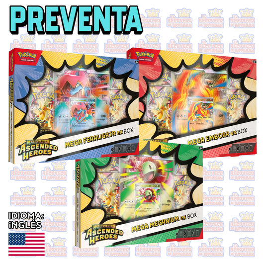 PREVENTA - Mega Evolution Ascended Heroes - Mega Meganium ex Box, Mega Emboar ex Box y Mega Feraligatr ex Box